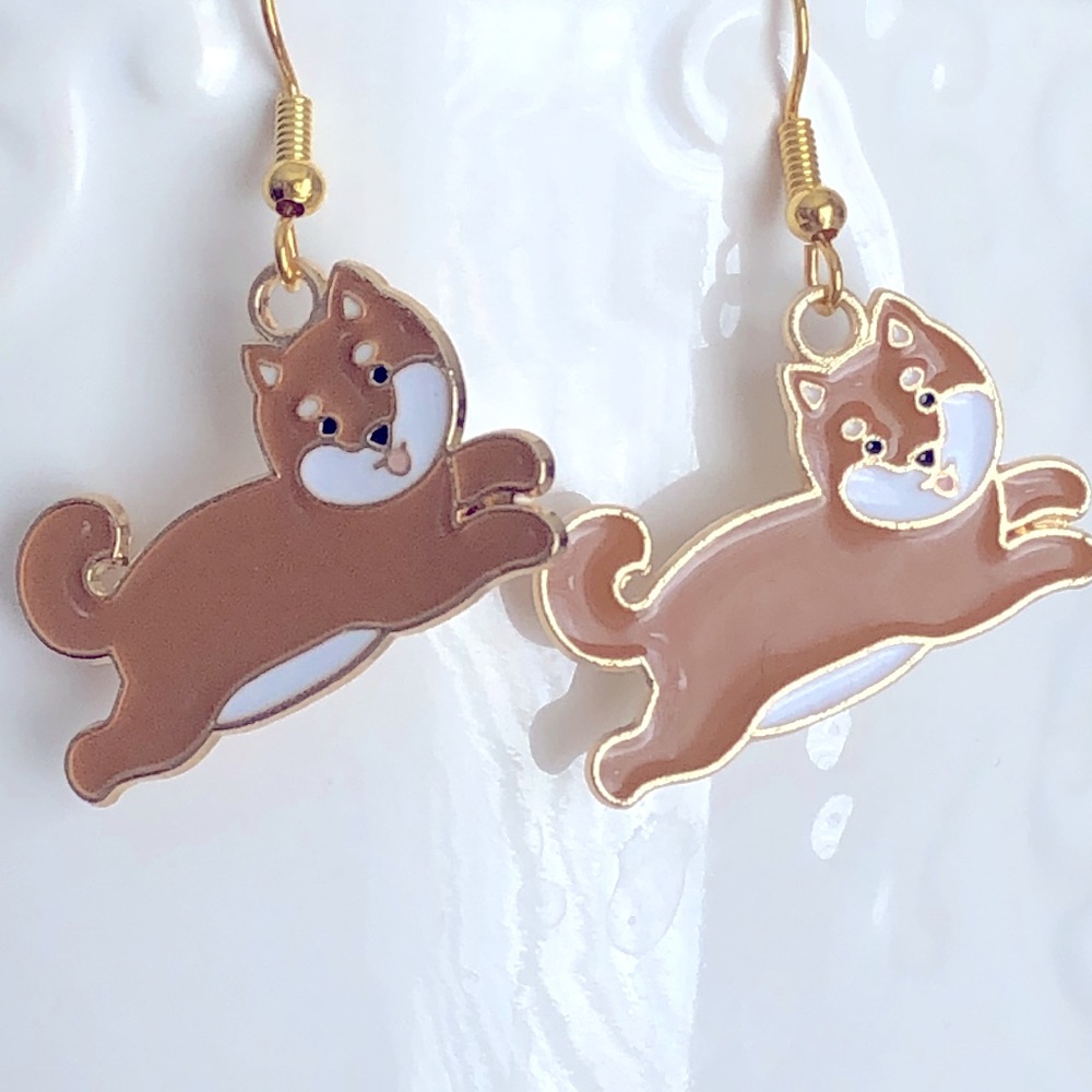 New Puppy Dog Kitty Cat Dangling Enamel Handmade Earrings Brown Tan Pets Gifts